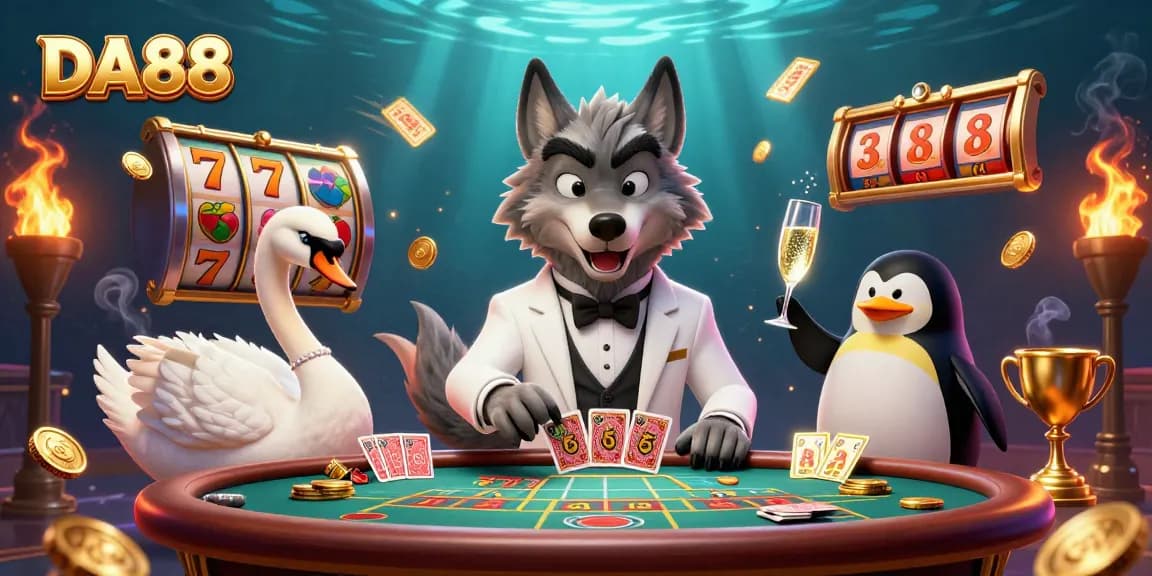 Engage in classic casino fun at DA88 with a thrilling baccarat table featuring charming characters and dynamic game elements.