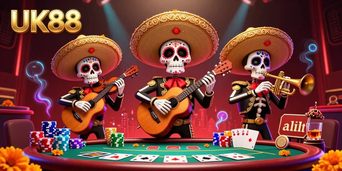 Win with UK88 as a mariachi band plays surrounded by poker chips and vibrant casino elements.