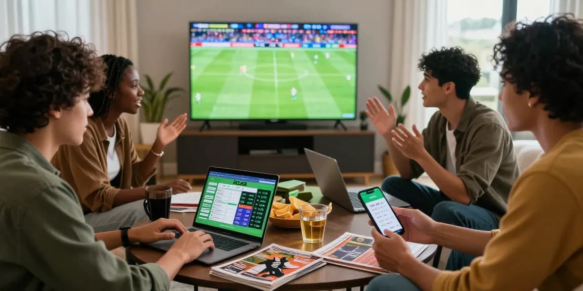 Friends strategizing their bets on Daftar Bola88 app while watching a football match.