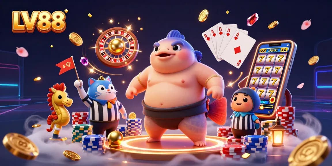 Experience LV88's gaming excitement with an animated underwater scene featuring a fugu and catfish referee.