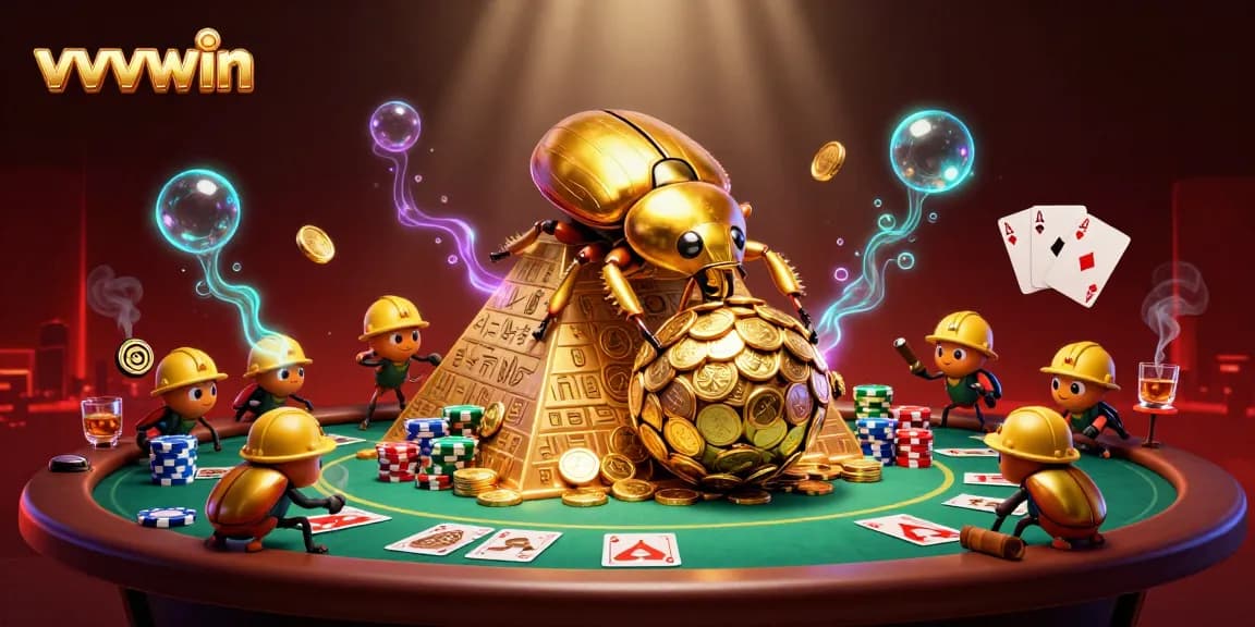 Experience vvvwin with lively gambling elements, showcasing a cartoon beetle theme bursting with casino action.