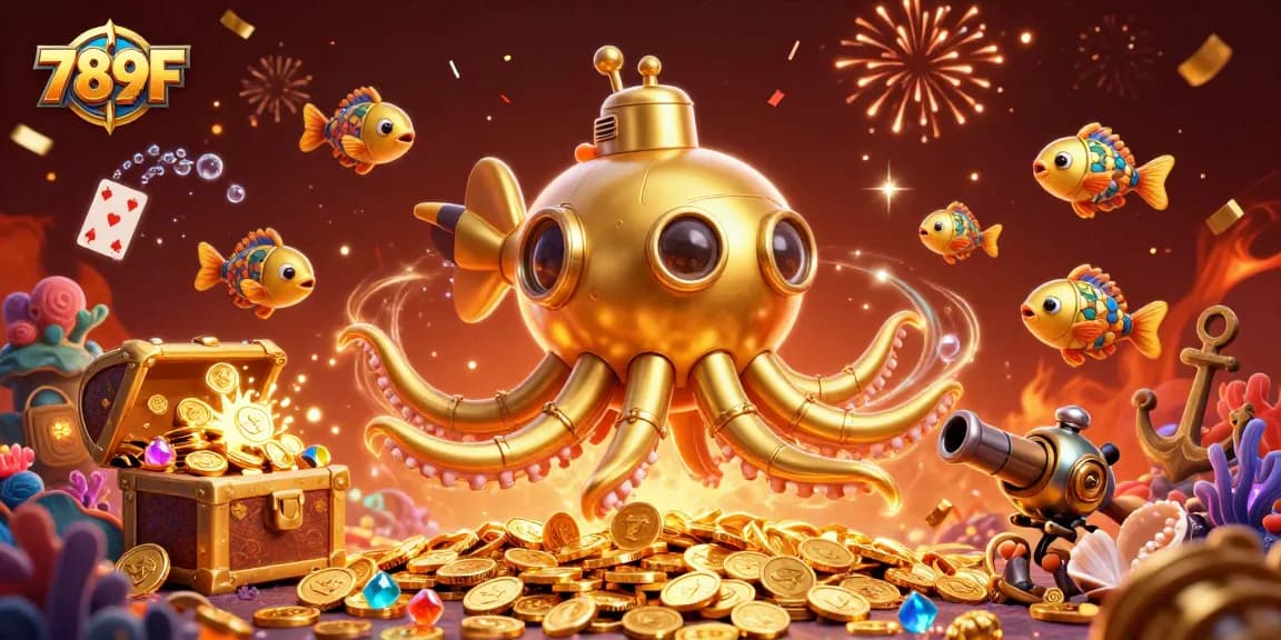 Engage with 789F's vibrant casino world featuring a golden kraken submarine amidst gold coins and colorful gems.