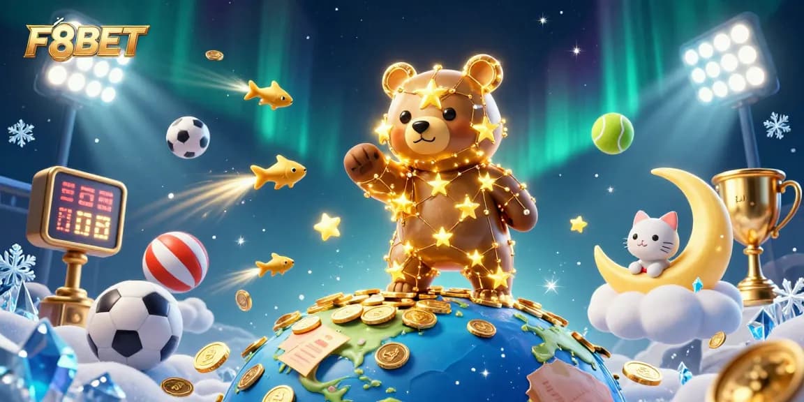 Engage with F8BET through a vibrant casino scene featuring starry characters and dynamic sports elements.