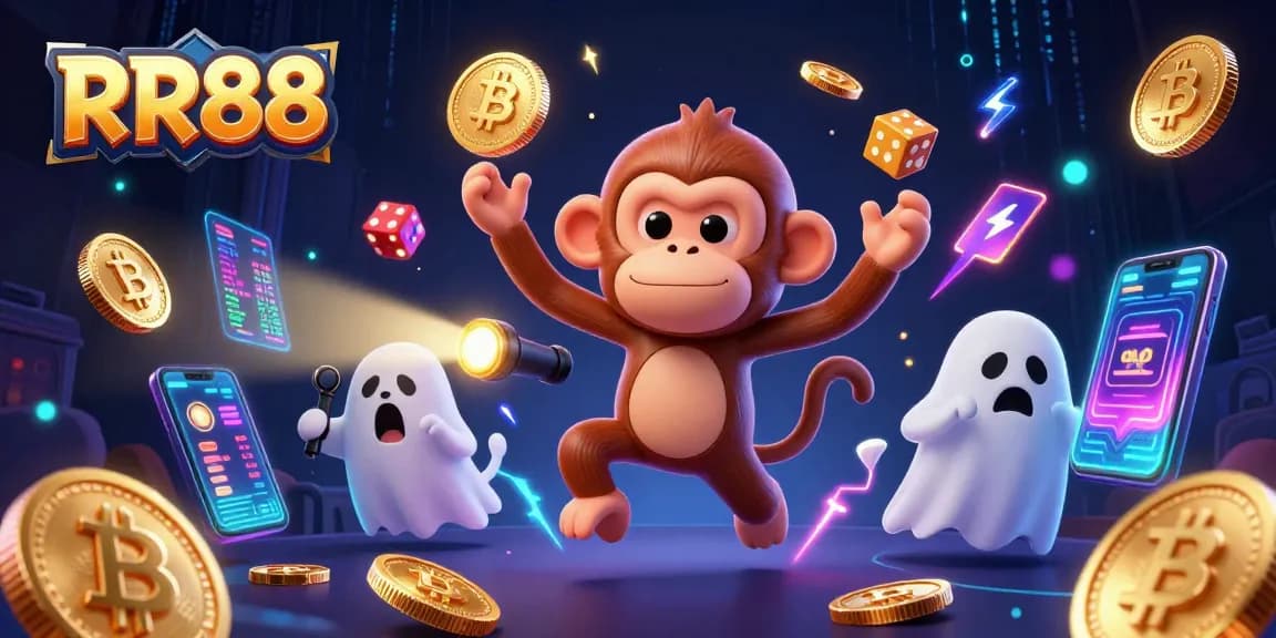 Experience the excitement of RR88 with a dynamic illustration showcasing a mischievous monkey and ghost-hunter puppy in a vibrant casino.