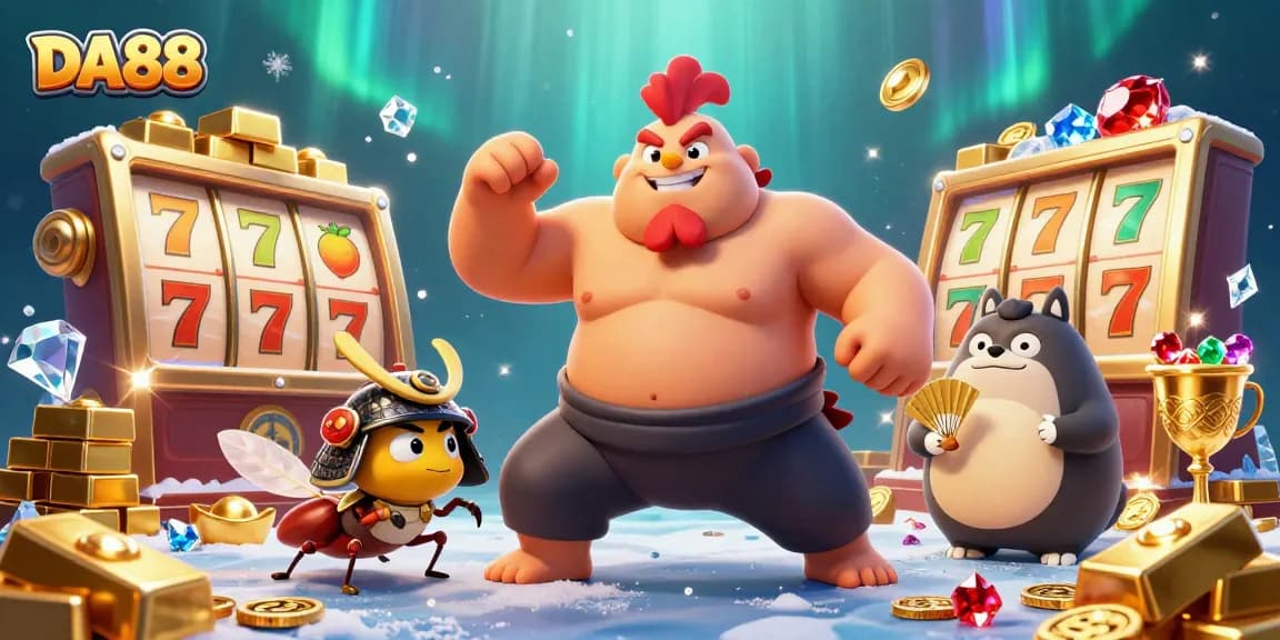 Experience the thrill of DA88 casino gaming with cartoon characters surrounded by slot reels and treasure
