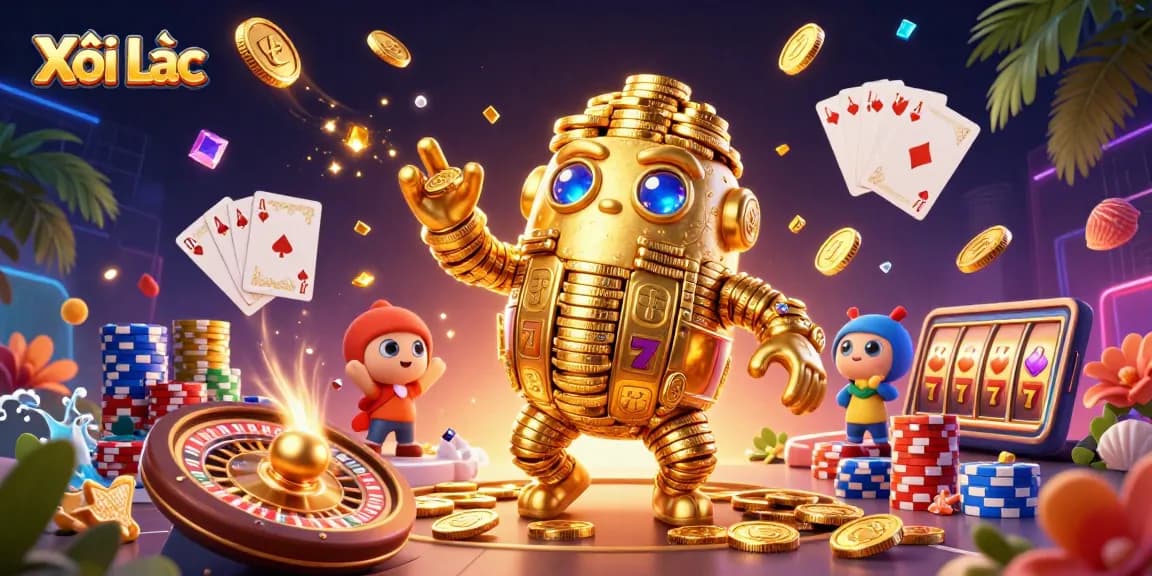 Xôi Lạc offers thrilling live betting experiences with animated golden golem amidst casino elements.
