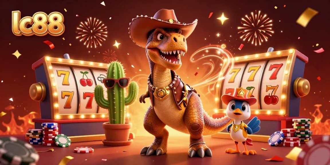 Play exciting slots at lc88 with a T-Rex cowboy, lucky symbols, and vibrant energy.
