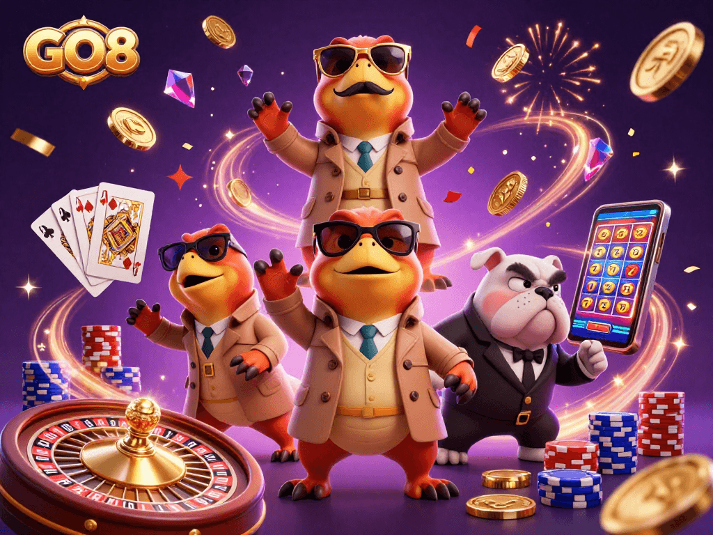 Experience the thrill of GO8 casino with raptors sneaking into VIP lounge amidst cascading gold coins.