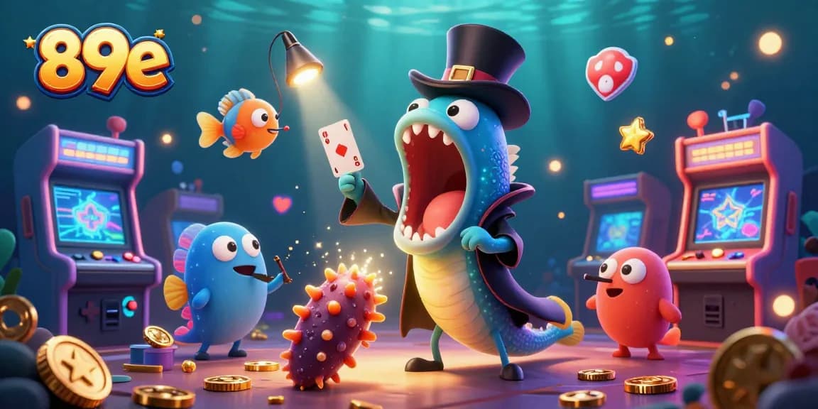 Engage in stunning 3D magic with 89e featuring deep-sea characters performing card tricks among gaming elements.