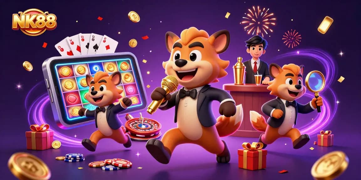 Experience NK88's vibrant atmosphere with hyenas delivering comedy in a bustling casino.