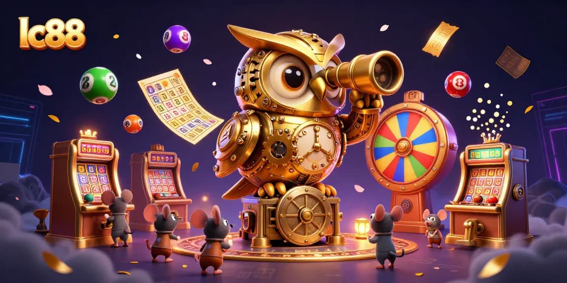 Engage with lc88's vibrant games surrounded by animated lottery balls and a whimsical owl.