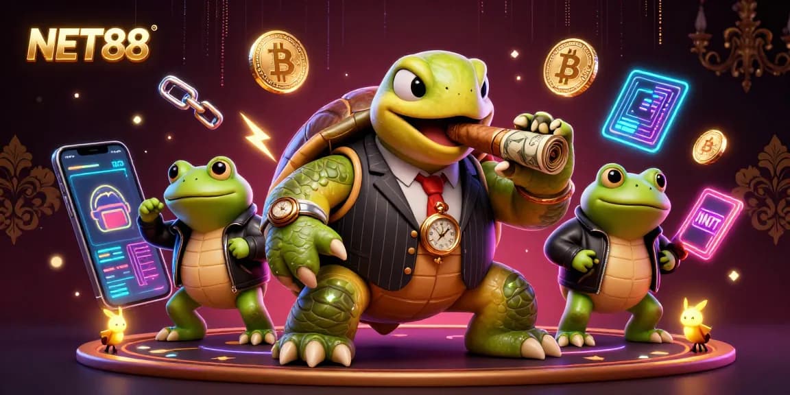 Experience the vibrant NET88 casino scene with a snapping turtle mobster and crypto elements.
