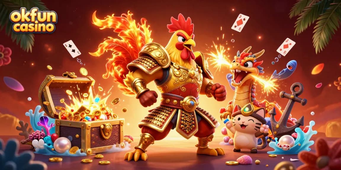 Experience the excitement with okfun casino's animated characters amidst gold and gems.