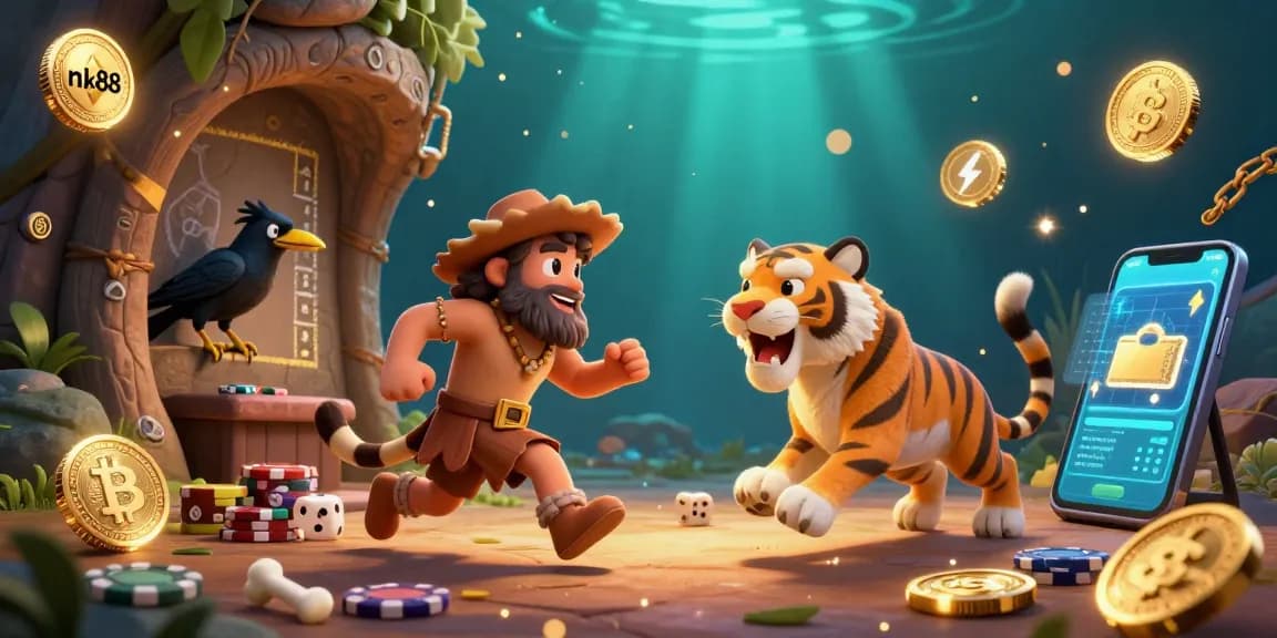 Experience the thrilling world of nk88 as a caveman and sabertooth tiger run a vibrant prehistoric casino.