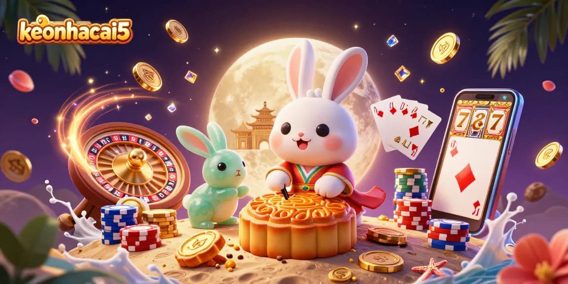 Engage with keonhacai5 as the moon rabbit reveals poker chips amidst a vibrant casino-themed illustration.