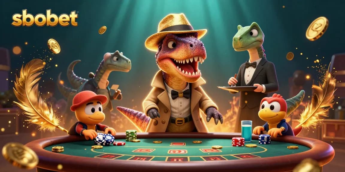 Sbobet velociraptor at blackjack, pit boss stegosaurus nearby, chaotic casino scene