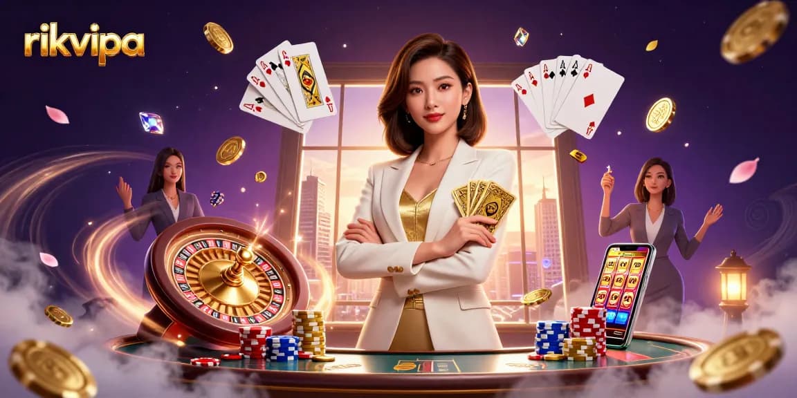 Experience rich gambling at rikvipa with a powerful businesswoman wielding golden cards and dynamic casino elements.