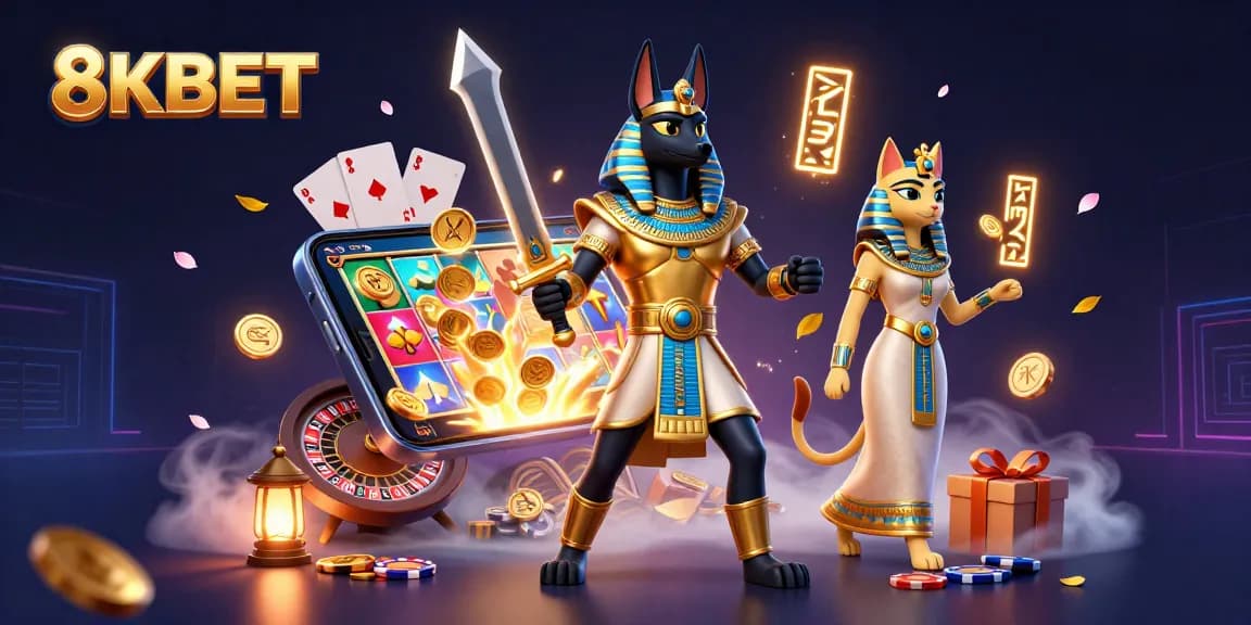 Experience thrilling gaming with 8KBET's Egyptian-themed illustration highlighting innovative slots and casino elements.