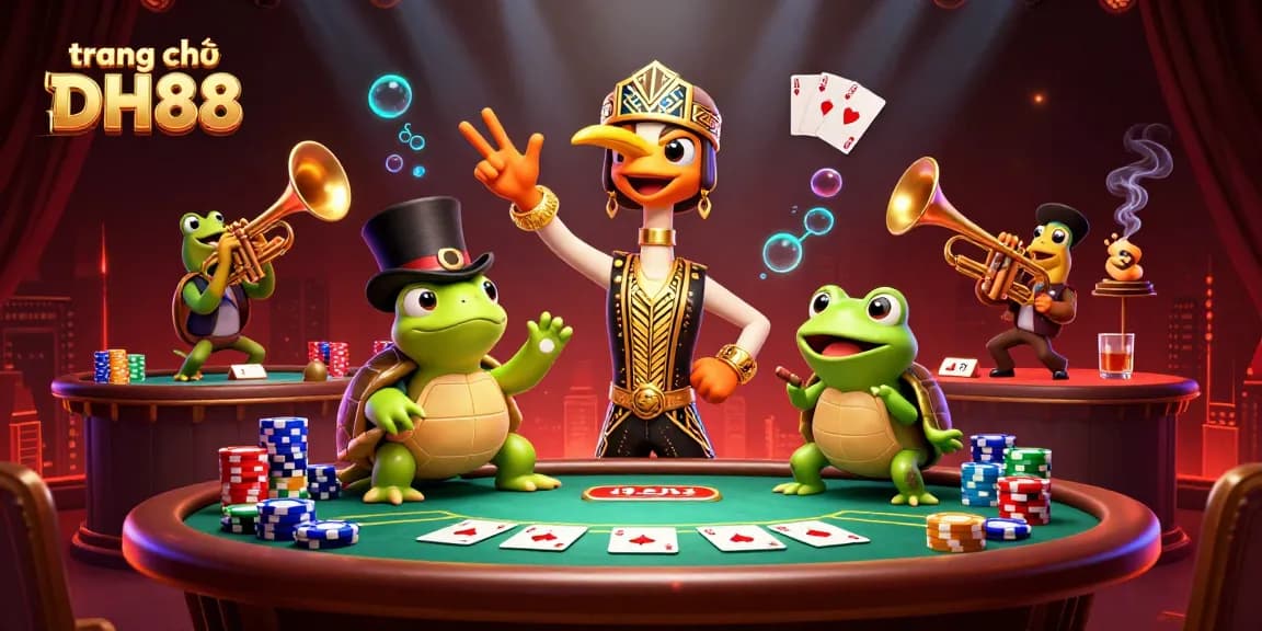 Experience the vibrant gaming scene at trang chủ DH88 with lively characters and dynamic poker elements.