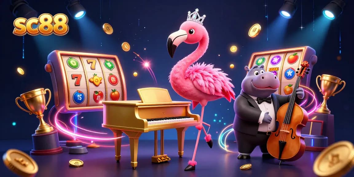 sc88 brings excitement with a flamingo singer and hippo bassist in a vibrant casino scene.