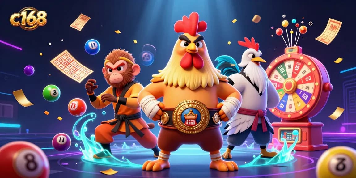 C168 players engage in dynamic lottery games with colorful elements and expert characters.