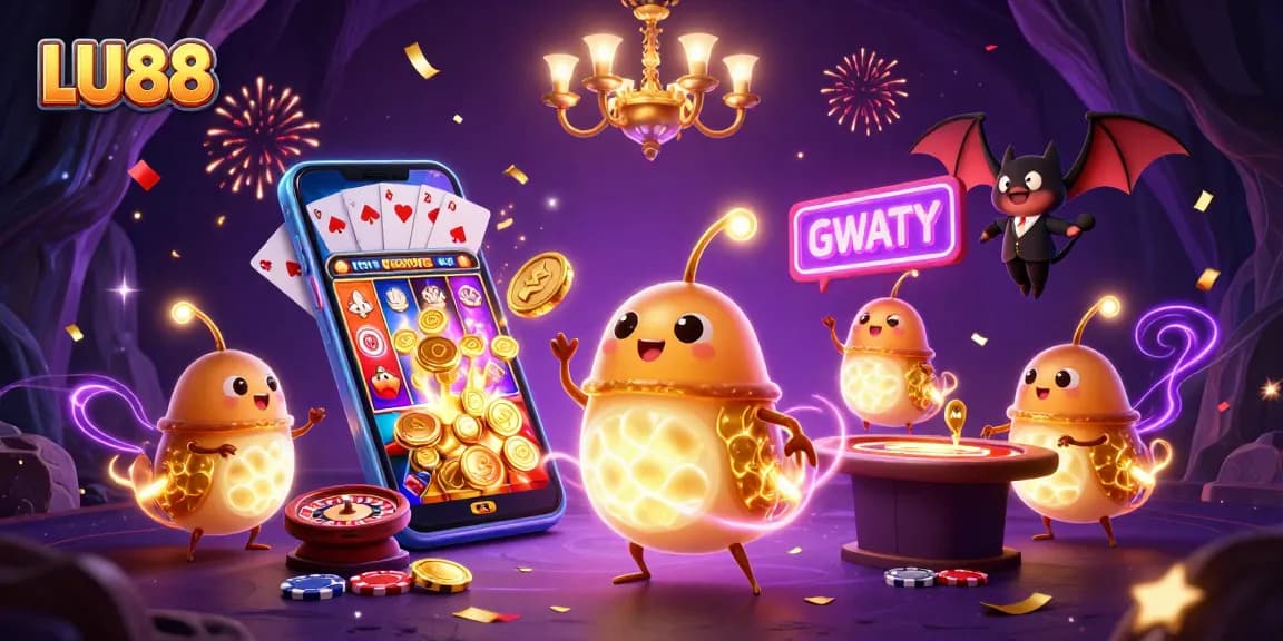 LU88 glowworms illuminate a vibrant casino scene with action-packed gaming elements.