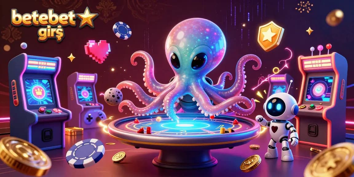 Place your bets with betebet giriş at a holographic poker table surrounded by vibrant casino elements.
