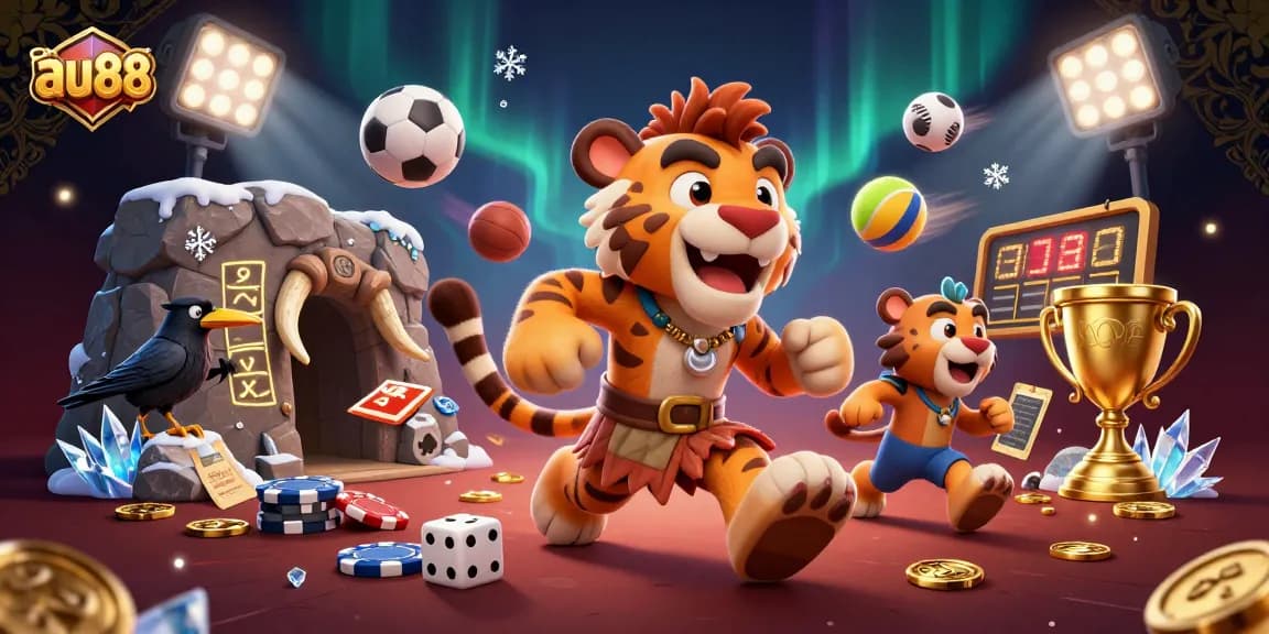 Engage in thrilling games at au88 with a colorful prehistoric casino scene filled with action.