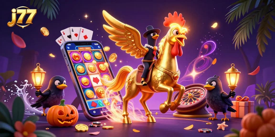 Visualize the excitement at j77, where a golden rooster navigates a midnight casino filled with games and glowing treasures.