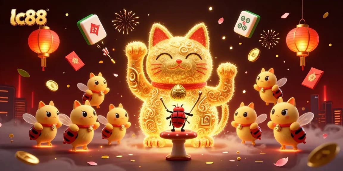 Experience the excitement of lc88 with a vibrant, interactive casino illustration featuring a lucky cat.