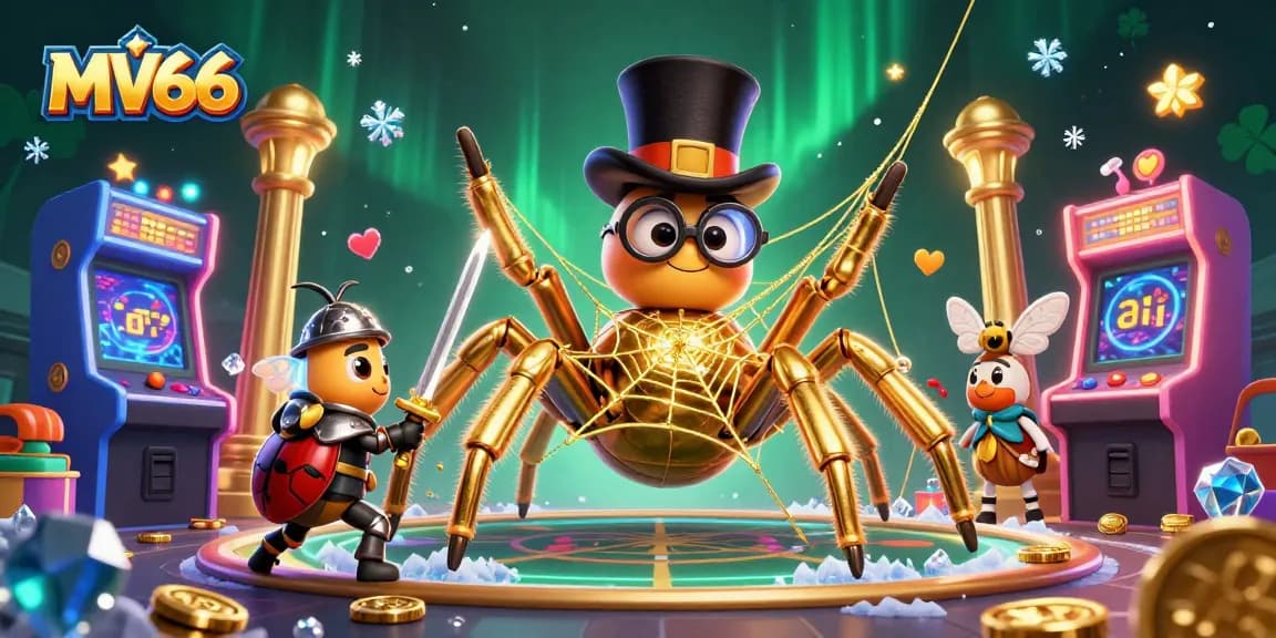 Engage with MV66 by immersing in the vibrant casino world with a golden tarantula, a brave knight, and animated game elements.
