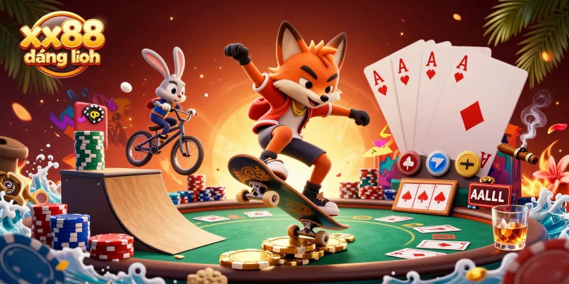 Elevate your gameplay with xx88 đăng nhập in an exciting 3D casino world full of vibrant characters and poker elements.