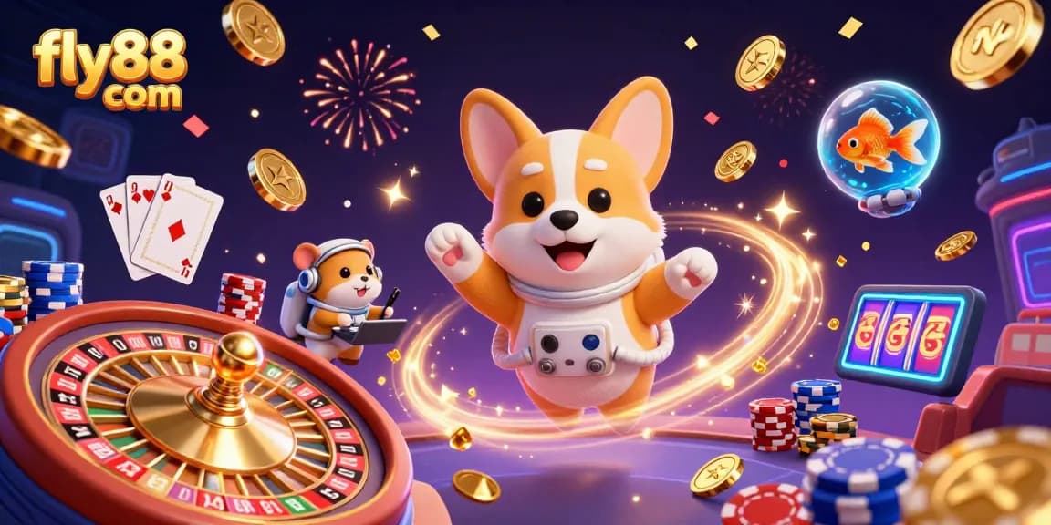 Experience excitement at fly88 com with a cosmic casino scene featuring gambling characters in space.