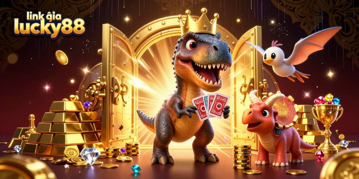 Experience the thrill of gaming with link vào lucky88 in a vibrant casino-themed scene featuring playful dinosaurs.