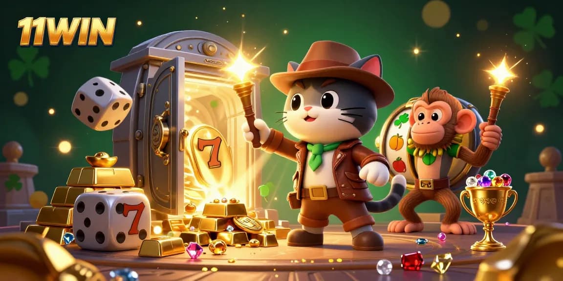 11WIN showcases a dynamic 3D scene of an explorer cat discovering riches amidst vibrant casino elements.