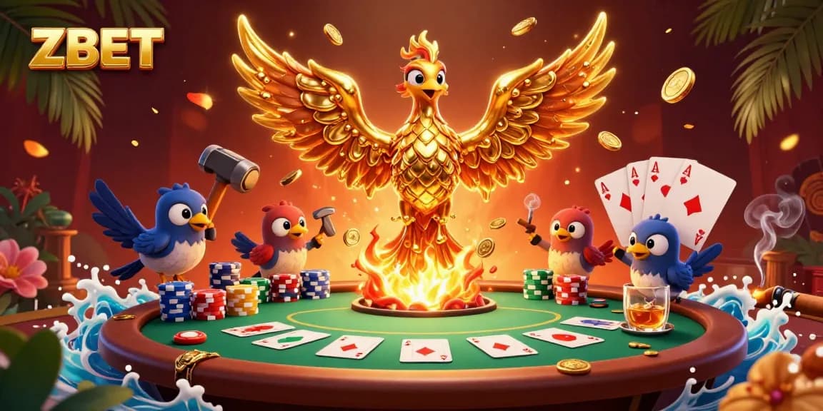 ZBET showcases a golden phoenix amidst a lively casino scene, exuding excitement and winning potential.
