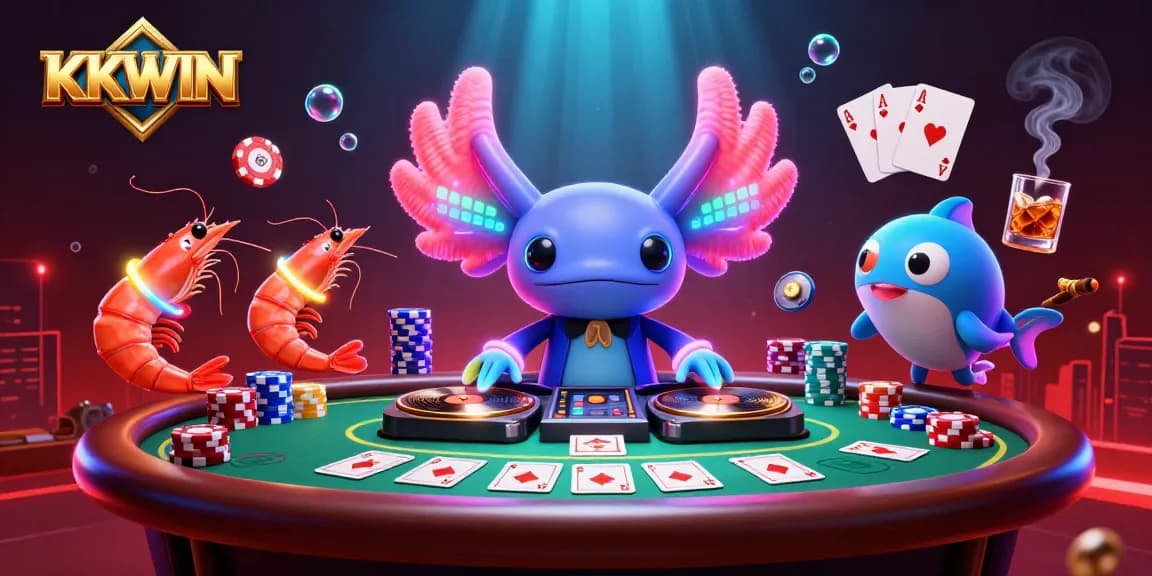 Spin with KKWIN's thrilling games as a neon axolotl DJ elevates the underwater casino vibe.