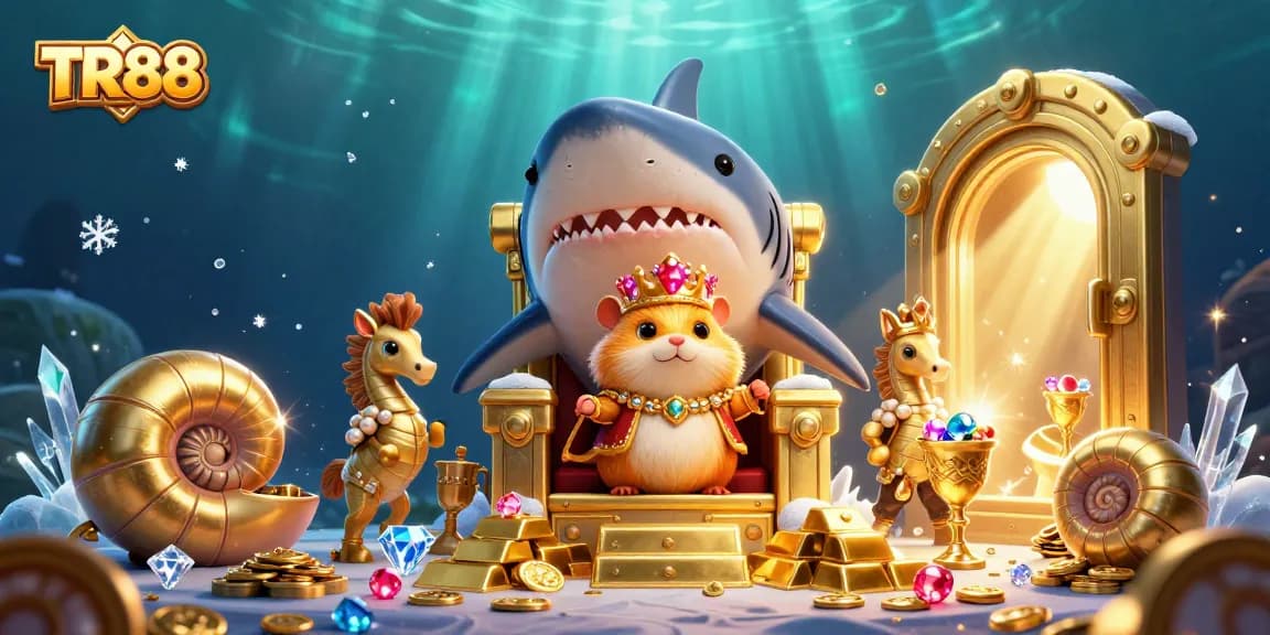Engage in TR88 casino thrills with a vibrant underwater scene featuring a golden hamster king surrounded by treasures.