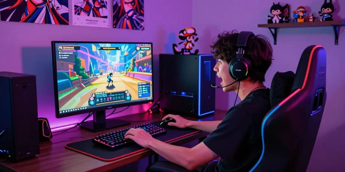 Player enjoying immersive hentaigames in vibrant gaming setup with anime graphics and RGB lighting.