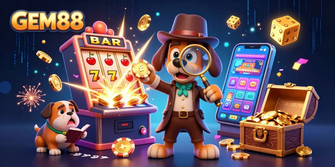 GEM88 reveals players winning big with 3D cartoon detectives and vibrant casino elements.