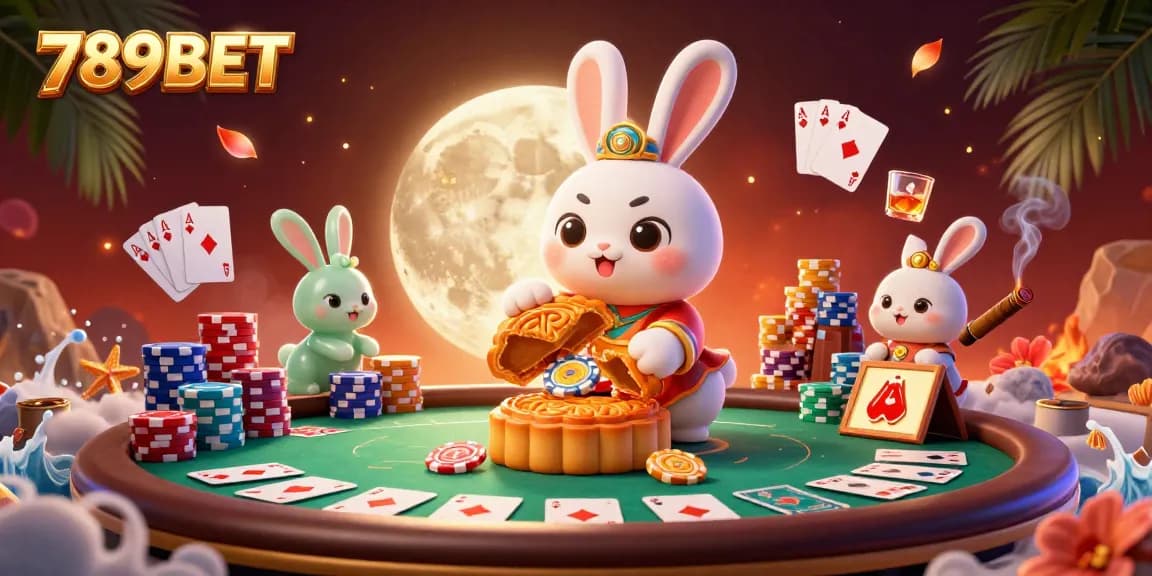 Engage with 789BET by exploring a thrilling casino scene with a moon rabbit and poker elements