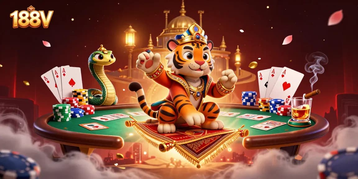 Experience the excitement of 188V casino with a vibrant 3D illustration featuring playful characters and dynamic poker elements.