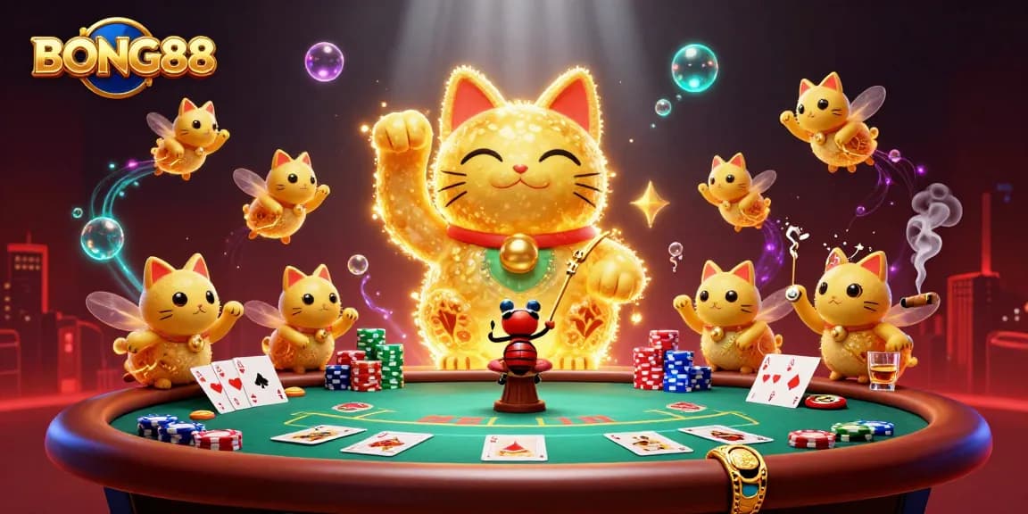 Engage with BONG88 through a vibrant casino scene featuring golden fireflies, poker tables, and festive elements.