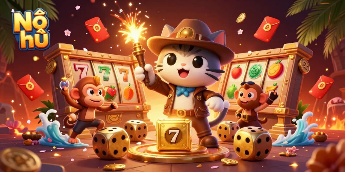 Nổ hũ: Engage with vibrant 3D illustration celebrating the excitement of jackpot games in a casino.