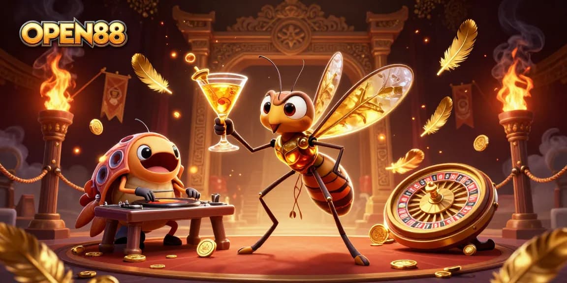 Experience the thrill of OPEN88 with a vibrant 3D illustration showcasing exciting casino elements and characters.