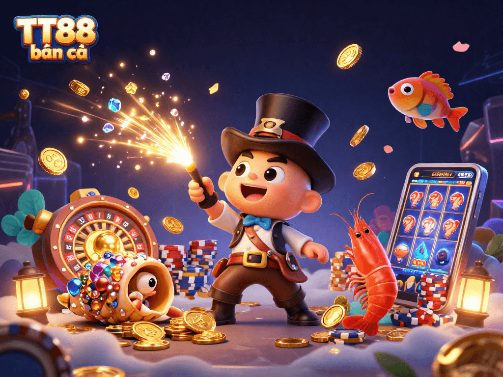 Exciting game play at TT88 bắn cá, featuring a fishing cannon and vibrant sea creatures.