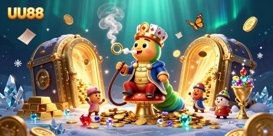 Engage with UU88 in a vibrant 3D casino scene featuring a playful caterpillar and gaming elements.