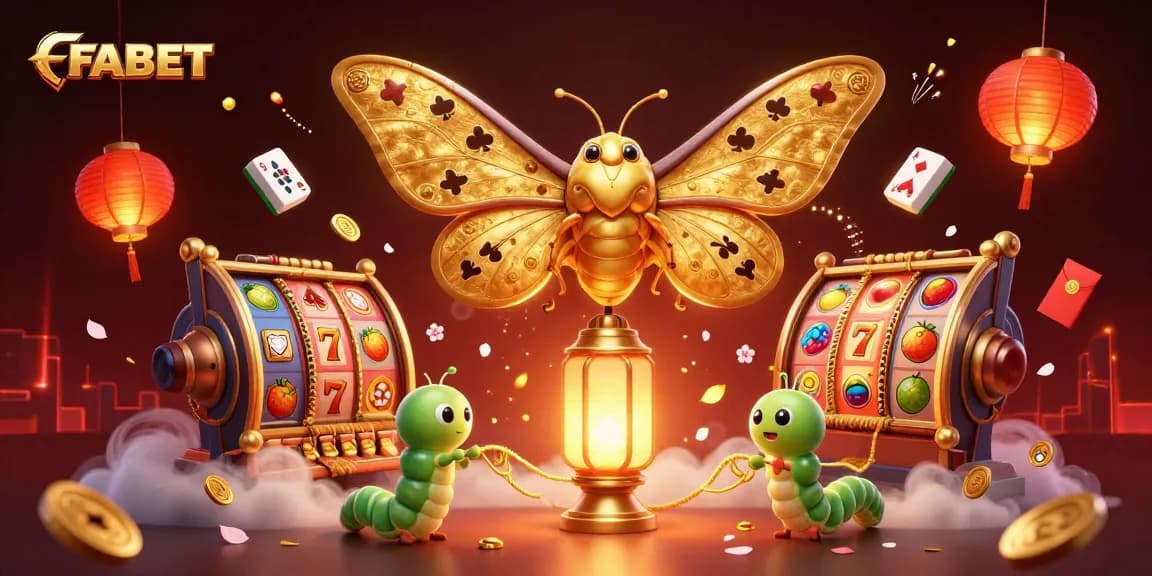 Experience FABET's captivating gaming with a vibrant 3D casino scene featuring slots and winning symbols.