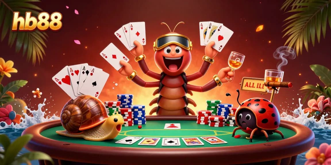 Engage with hb88 at a vibrant 3D casino scene showcasing an exciting poker game with character interactions.