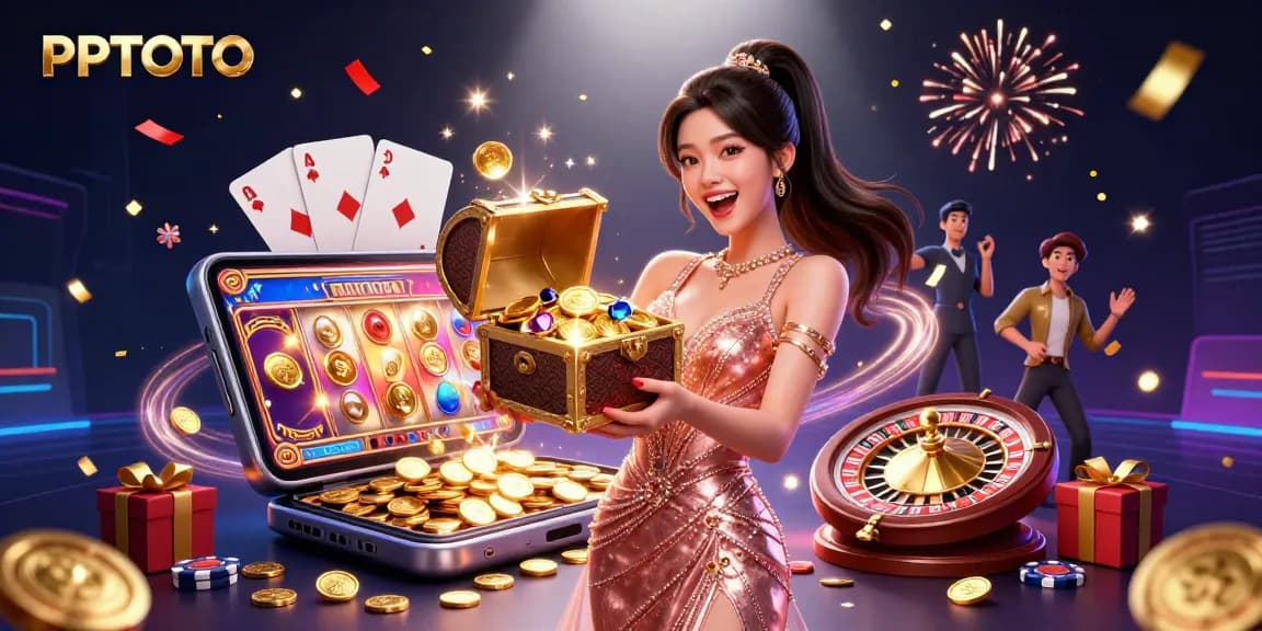 PPTOTO menghadirkan pengalaman kasino online yang hidup dengan harta karun emas, elemen permainan dinamis, dan energi yang ceria.